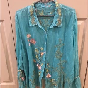 Johnny Was Turquoise Embroidered Blouse
